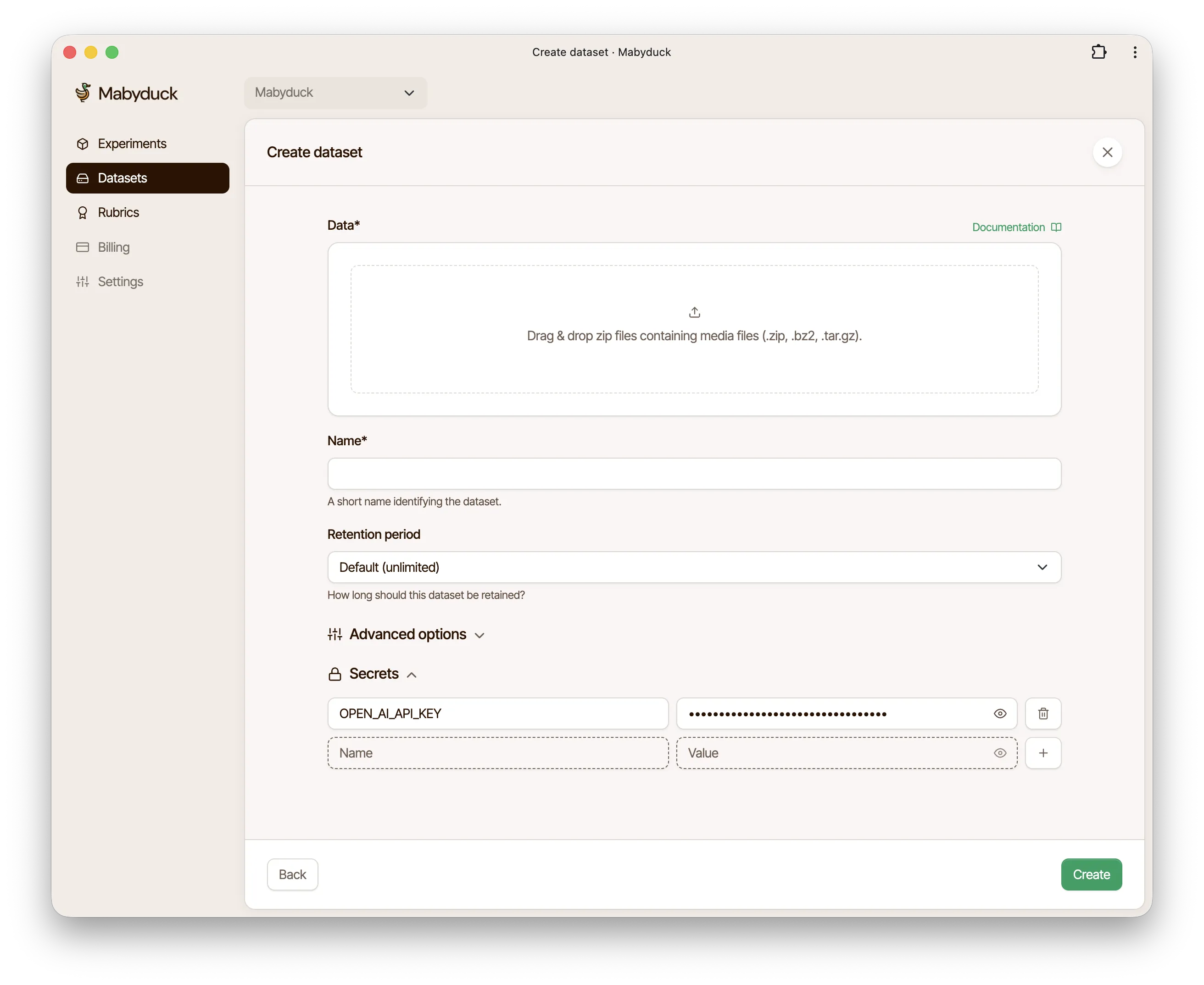 Adding dataset secrets
