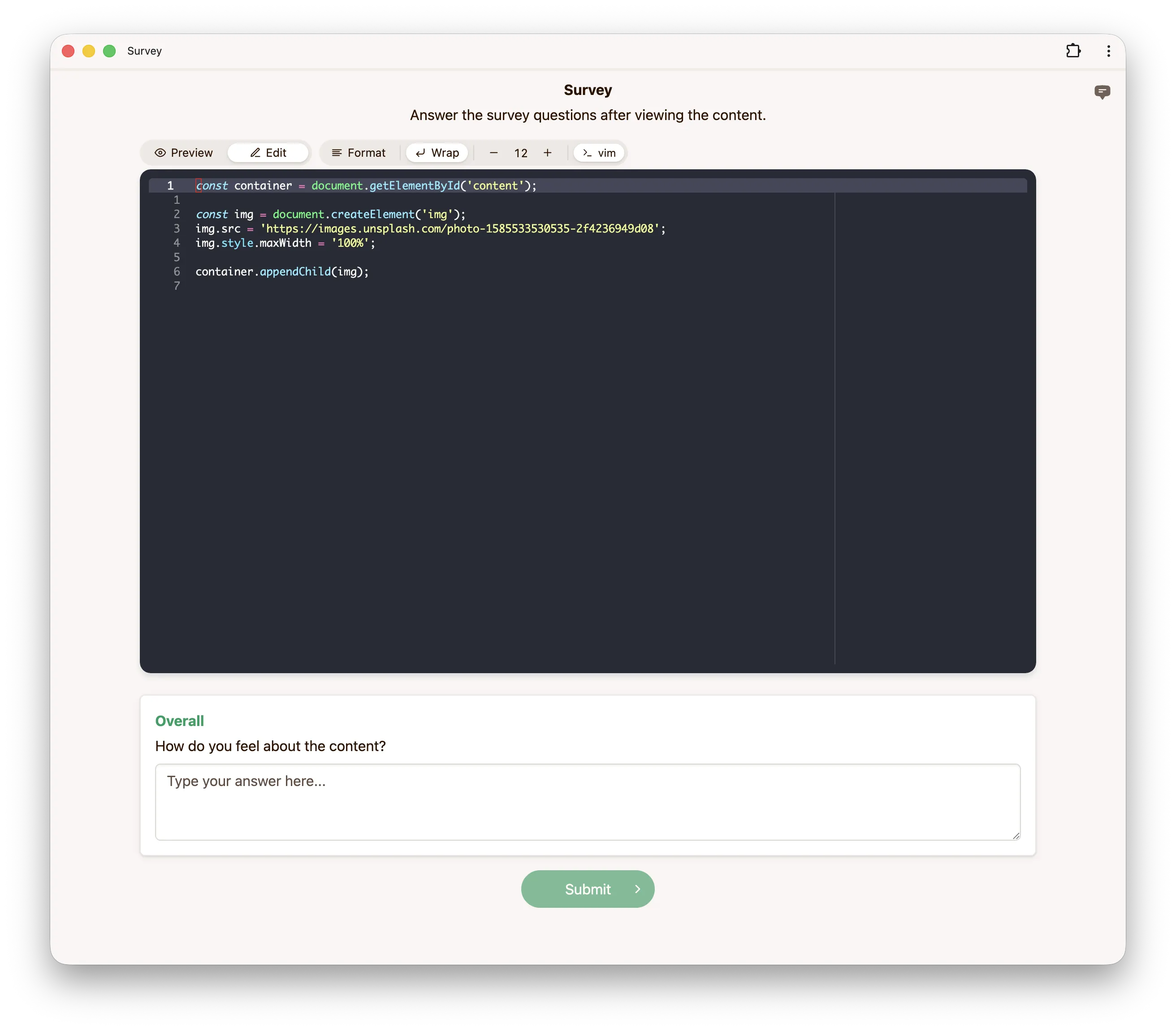 Embedded experiment demo session code editor