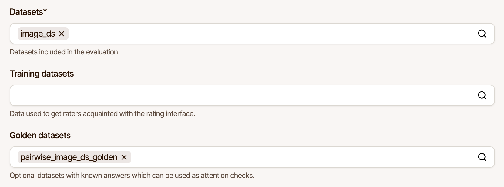 The Datasets section of the experiment form, with a golden dataset selected