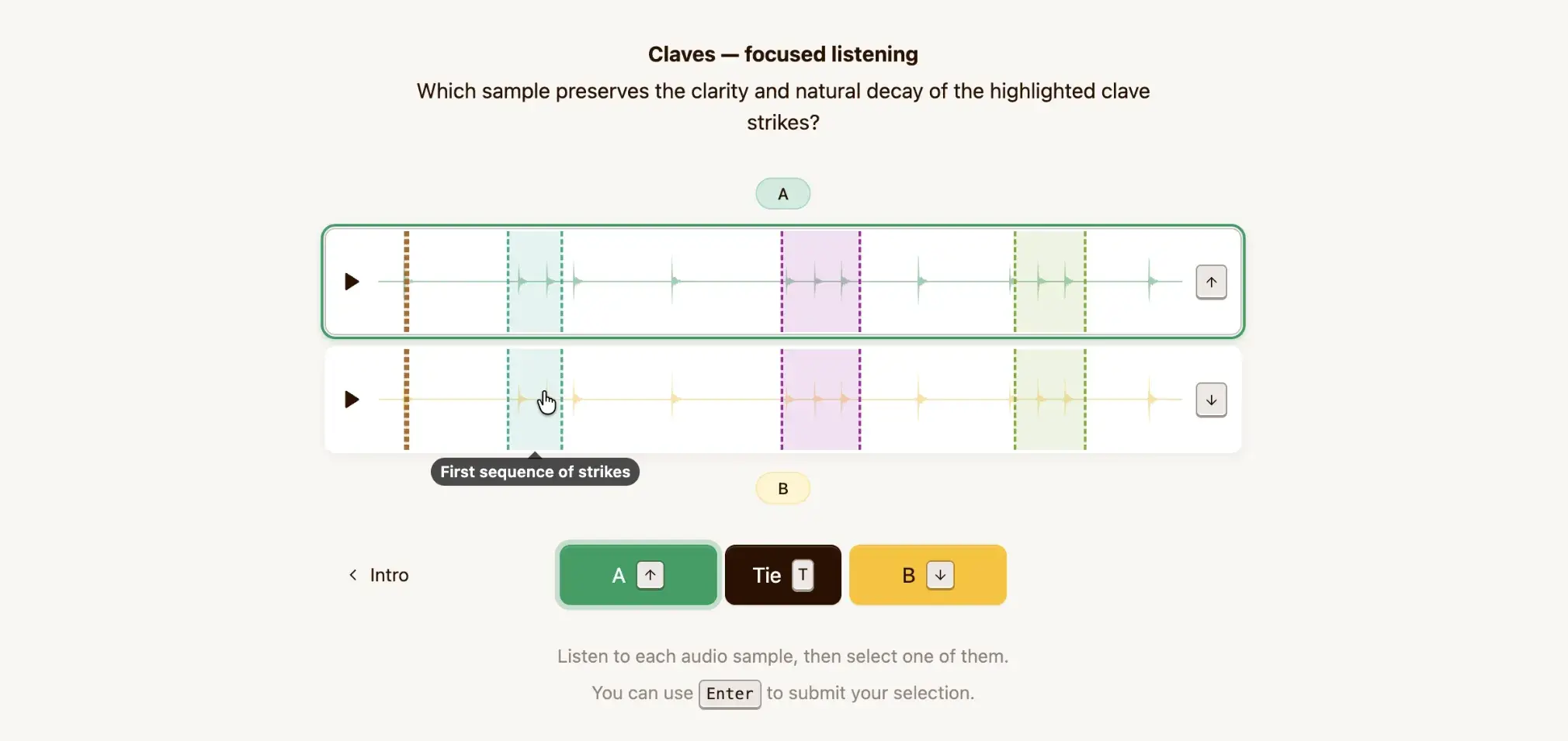 Time range markers on waveforms in a pairwise audio experiment