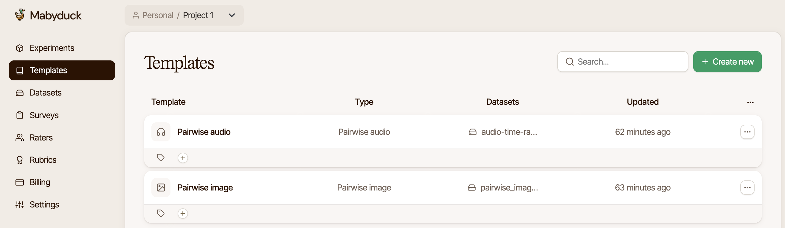 Templates list page
