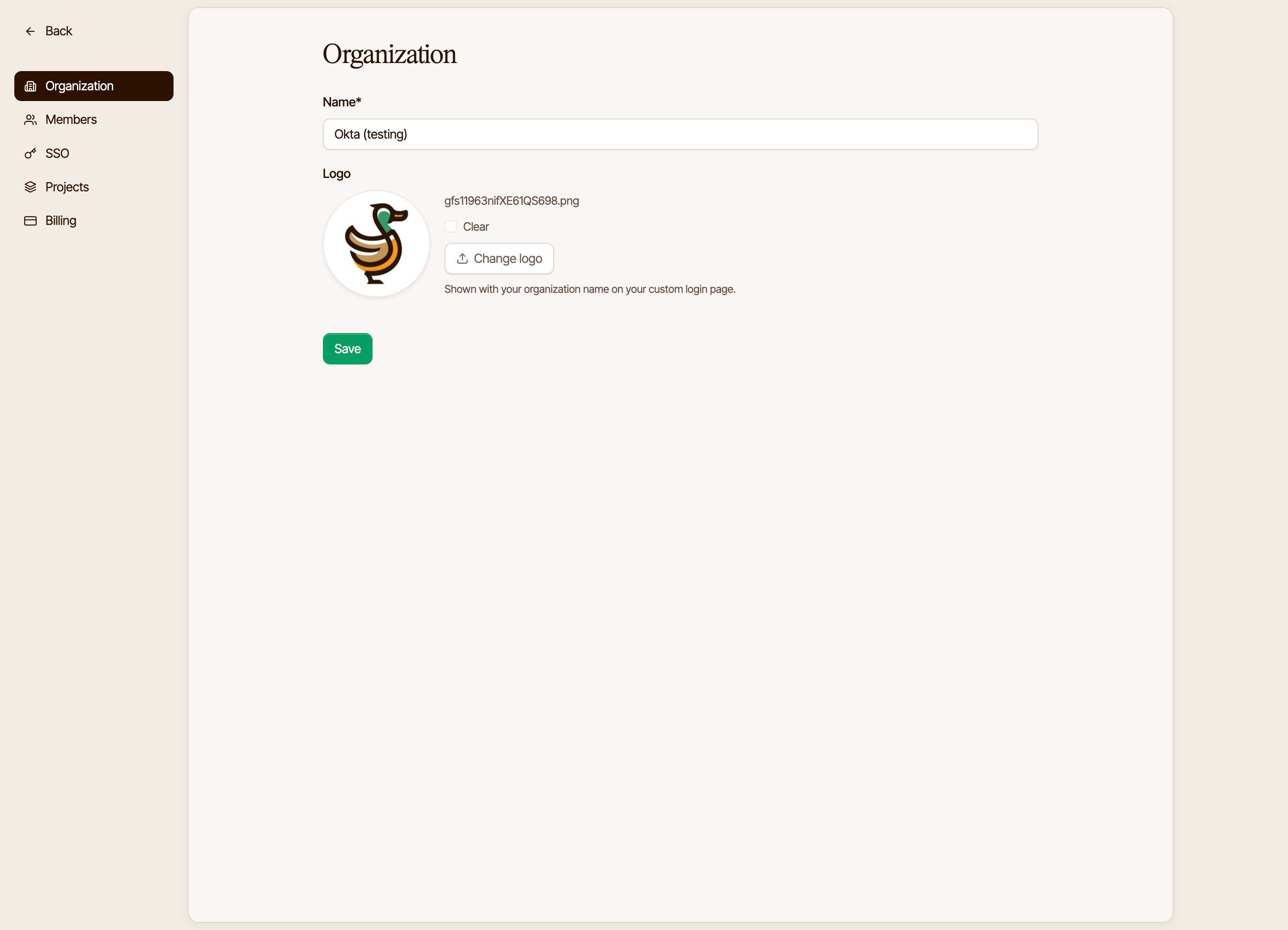 Mabyduck organization settings name and logo