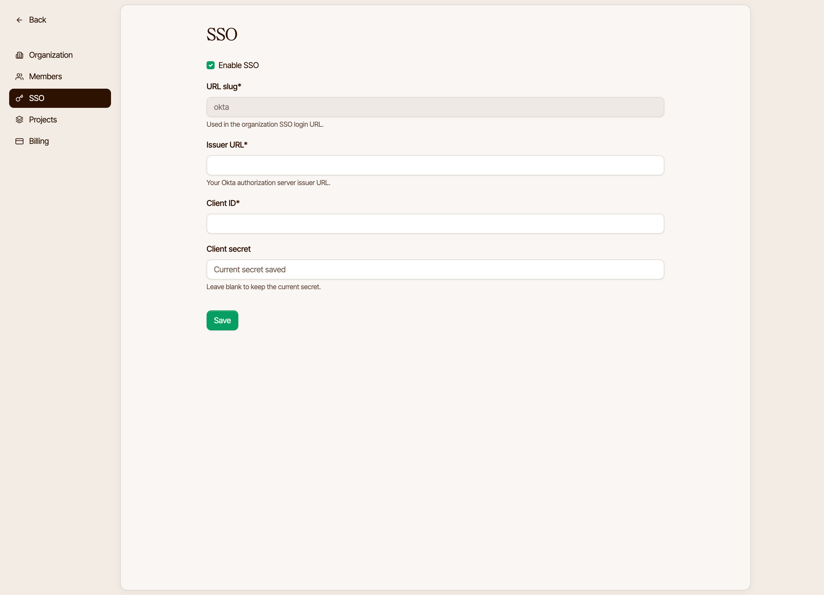 Mabyduck organization settings SSO